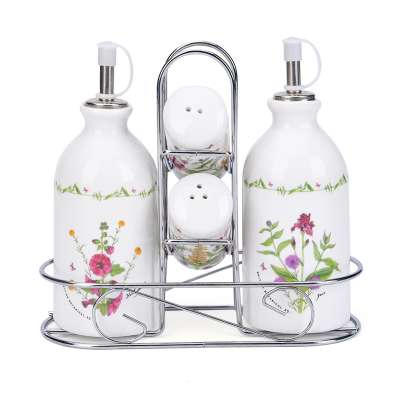 Customized ceramic oil and vinegar bottle with stand and salt pepper set