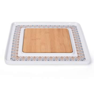 Square wooden cheese board with ceramic tray