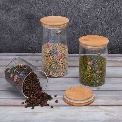 Flower deco glass kitchen storage canister set with bamboo lid