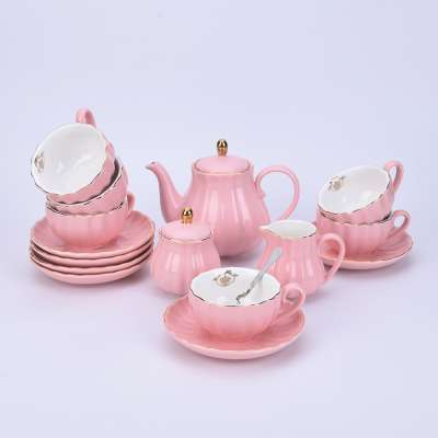 Tea Set Cup and Saucer Service for 6 with 28oz Teapot Sugar Bowl Cream Pitcher Teaspoons for Thanksgiving Pumpkin Fluted Shape