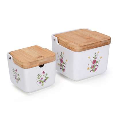 ceramic square salt and pepper container with bamboo lid for kitchen storage