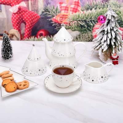 Christmas ceramic silver tree shape teapot sugar pot creamer set