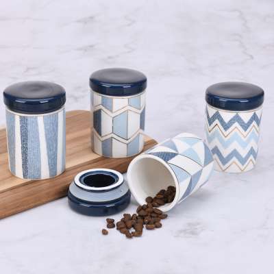 Geometric design china blue ceramic canister sets tea coffee sugar storage jar for kitchen