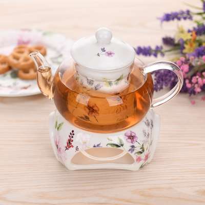 Flowers Glass teapot with ceramic warmer tea pot customized