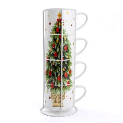 Promotion Western style Christmas Tree Drinkware Stackable Ceramic Coffee Mugs Sets for 4