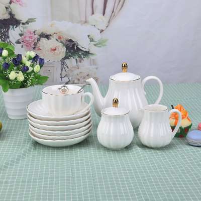 New Bone China gold line luxury pure white tea sets 15pcs 6oz Coffee Cup and Saucer with teapot creamer sugar Jug