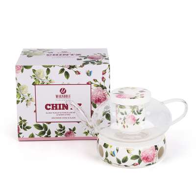 Glass teapot with infuser floral tea pot and warmer gift sets