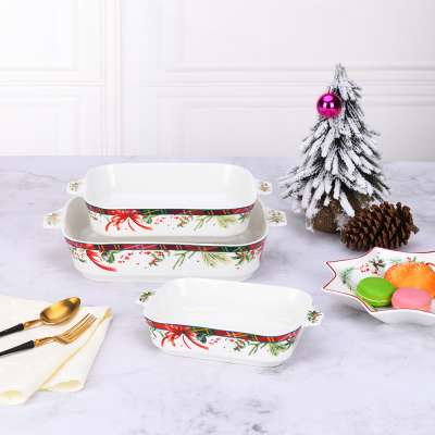 Custom high quality Christmas kitchen 3 pcs rectangular ceramic bakeware set lasagna bread baking tray dish