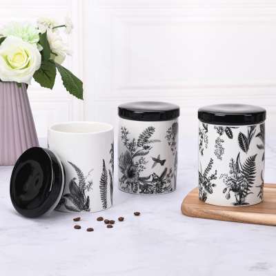 ceramic black and white canister sets with black lid for sugar tea coffee